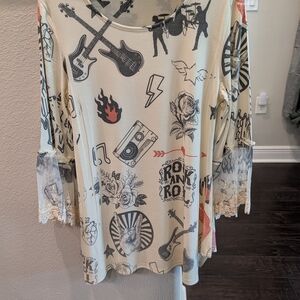 Boho Rock Graphic Long Sleeve Knit Top By Origami By Vivian In Cream